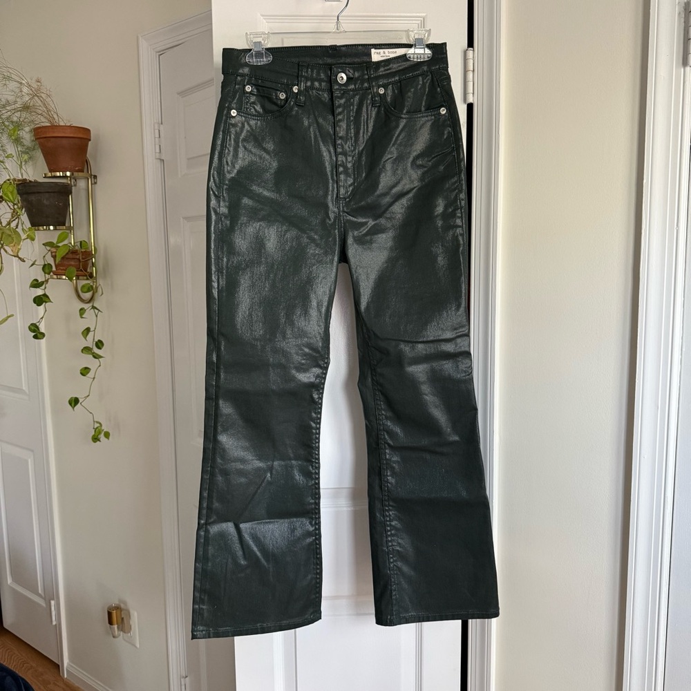 Rag & Bone Casey Ankle Flare Jeans Coated Pine Grove Green High Rise - Size 29 - Picture 8 of 11